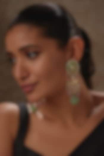 Gold Finish Agate Green Stones & Pearl Meenakari Dangler Earrings by Kohar By Kanika at Pernia's Pop Up Shop