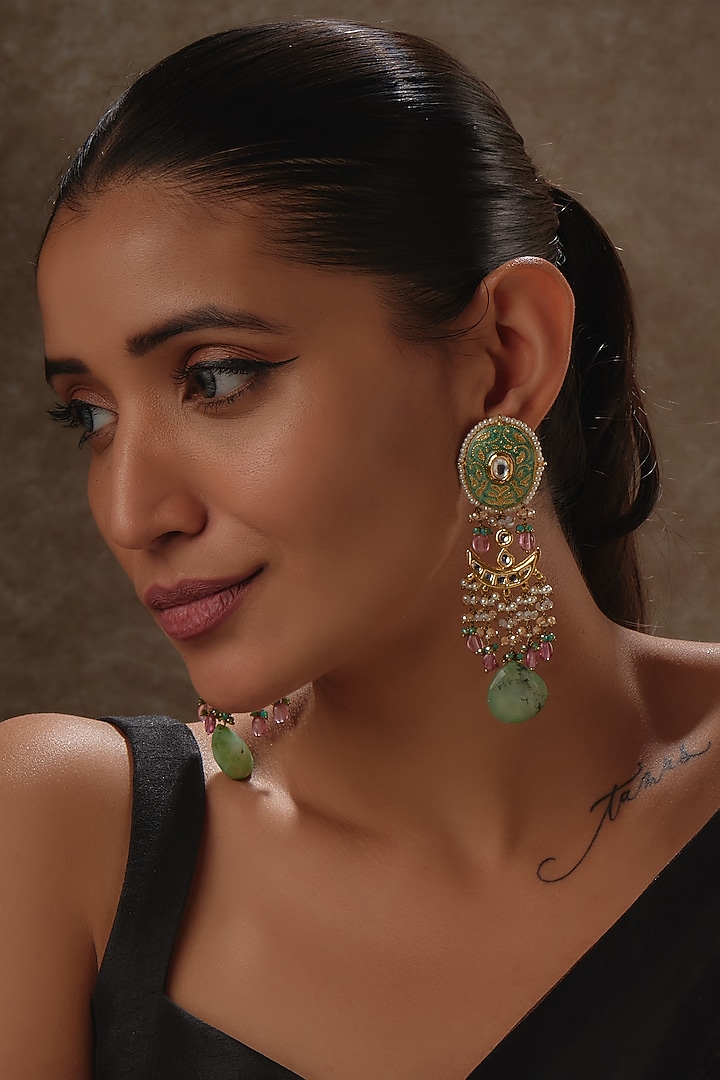 Gold Finish Agate Green Stones & Pearl Meenakari Dangler Earrings by Kohar By Kanika at Pernia's Pop Up Shop
