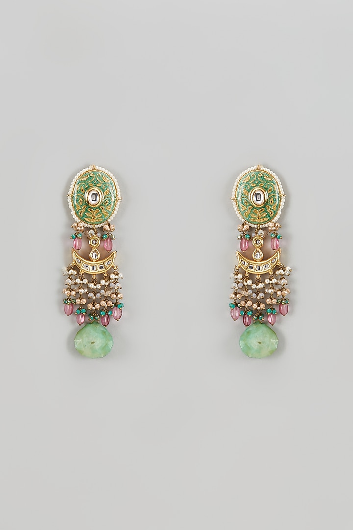 Gold Finish Agate Green Stones & Pearl Meenakari Dangler Earrings by Kohar By Kanika at Pernia's Pop Up Shop