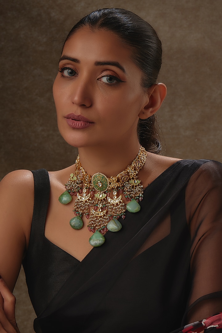 Gold Finish Natural Green Stone & Agate Meenakari Choker Necklace by Kohar By Kanika at Pernia's Pop Up Shop