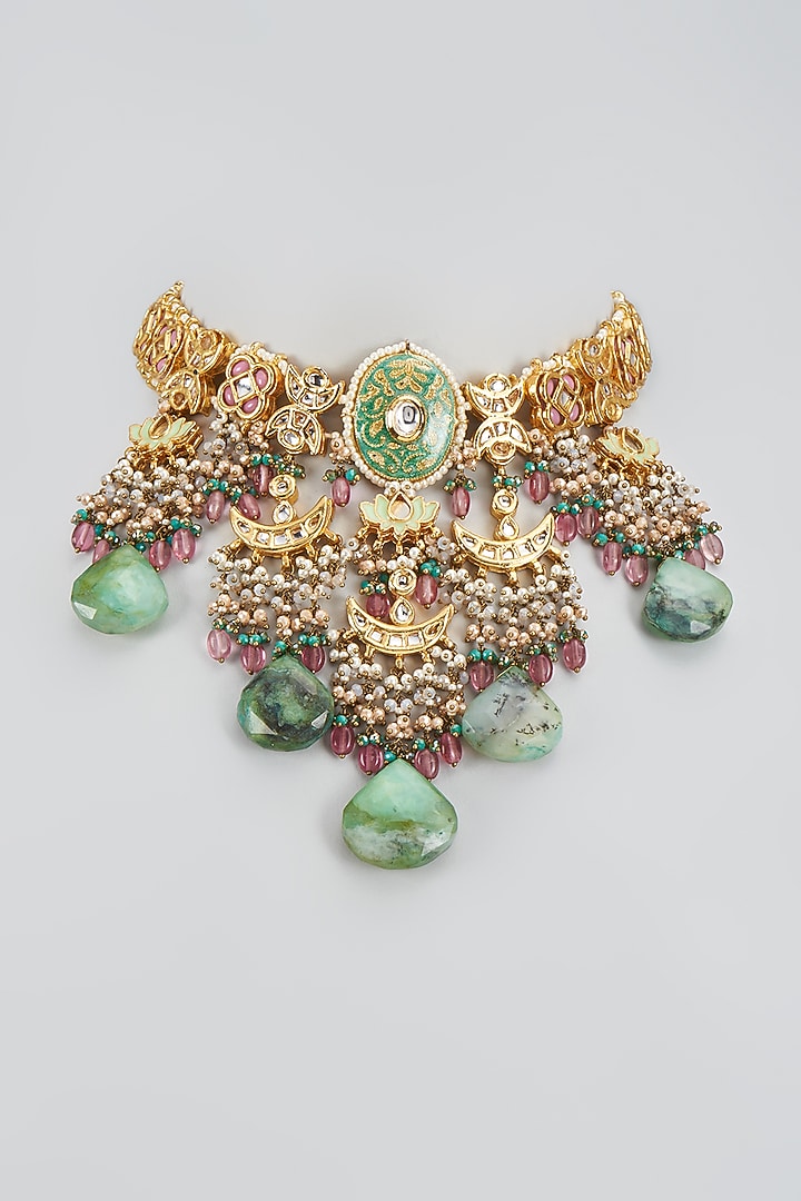 Gold Finish Natural Green Stone & Agate Meenakari Choker Necklace by Kohar By Kanika at Pernia's Pop Up Shop