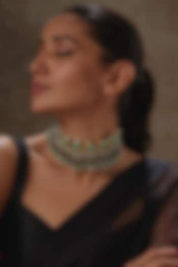 Gold Finish Natural Aqua Stone & Kundan Polki Meenakari Choker Necklace by Kohar By Kanika at Pernia's Pop Up Shop