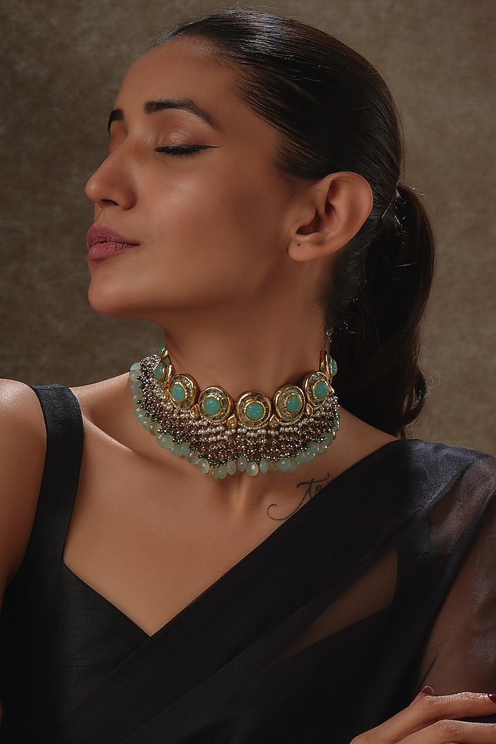 Gold Finish Natural Aqua Stone & Kundan Polki Meenakari Choker Necklace by Kohar By Kanika at Pernia's Pop Up Shop