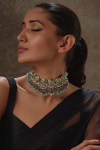 Gold Finish Natural Aqua Stone & Kundan Polki Meenakari Choker Necklace by Kohar By Kanika