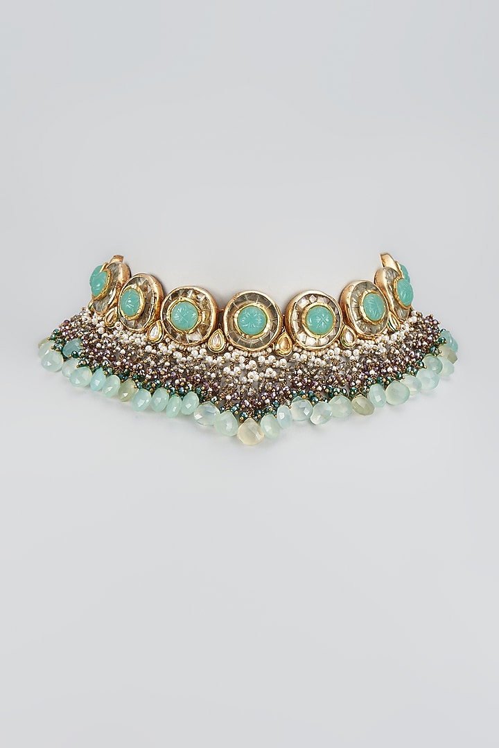 Gold Finish Natural Aqua Stone & Kundan Polki Meenakari Choker Necklace by Kohar By Kanika at Pernia's Pop Up Shop