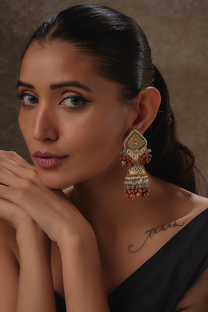 Gold Finish Agate & Pearl Meenakari Dangler Earrings by Kohar By Kanika at Pernia's Pop Up Shop