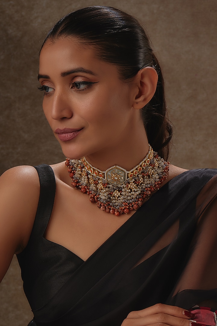 Gold Finish Natural Stone Meenakari Choker Necklace by Kohar By Kanika at Pernia's Pop Up Shop