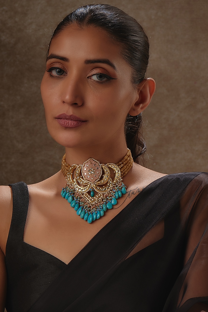 Gold Finish Natural Blue Stone & Kundan Polki Meenakari Choker Necklace by Kohar By Kanika at Pernia's Pop Up Shop