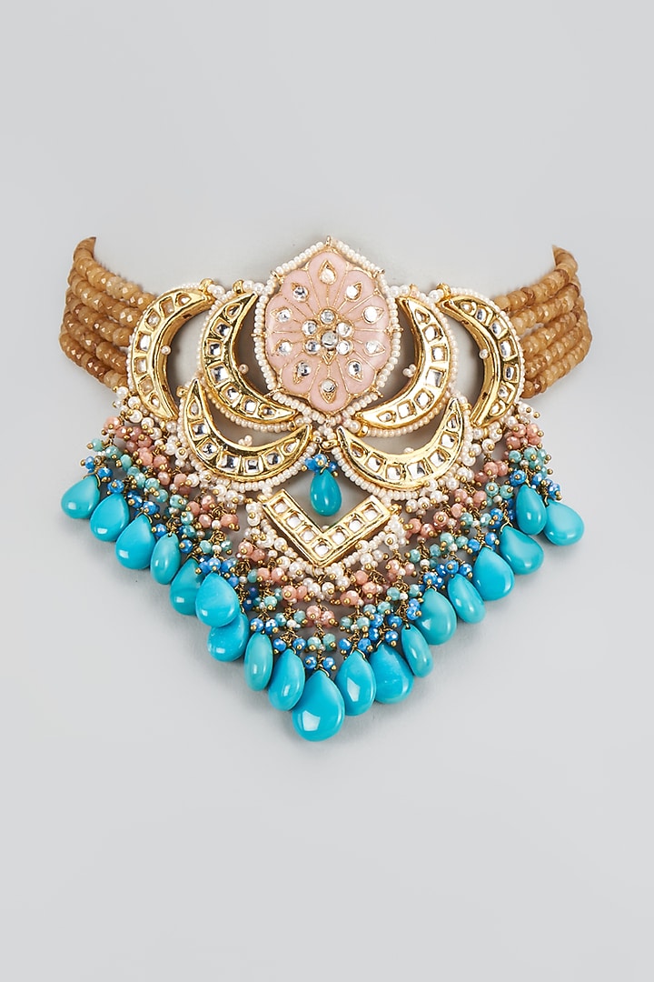 Gold Finish Natural Blue Stone & Kundan Polki Meenakari Choker Necklace by Kohar By Kanika at Pernia's Pop Up Shop