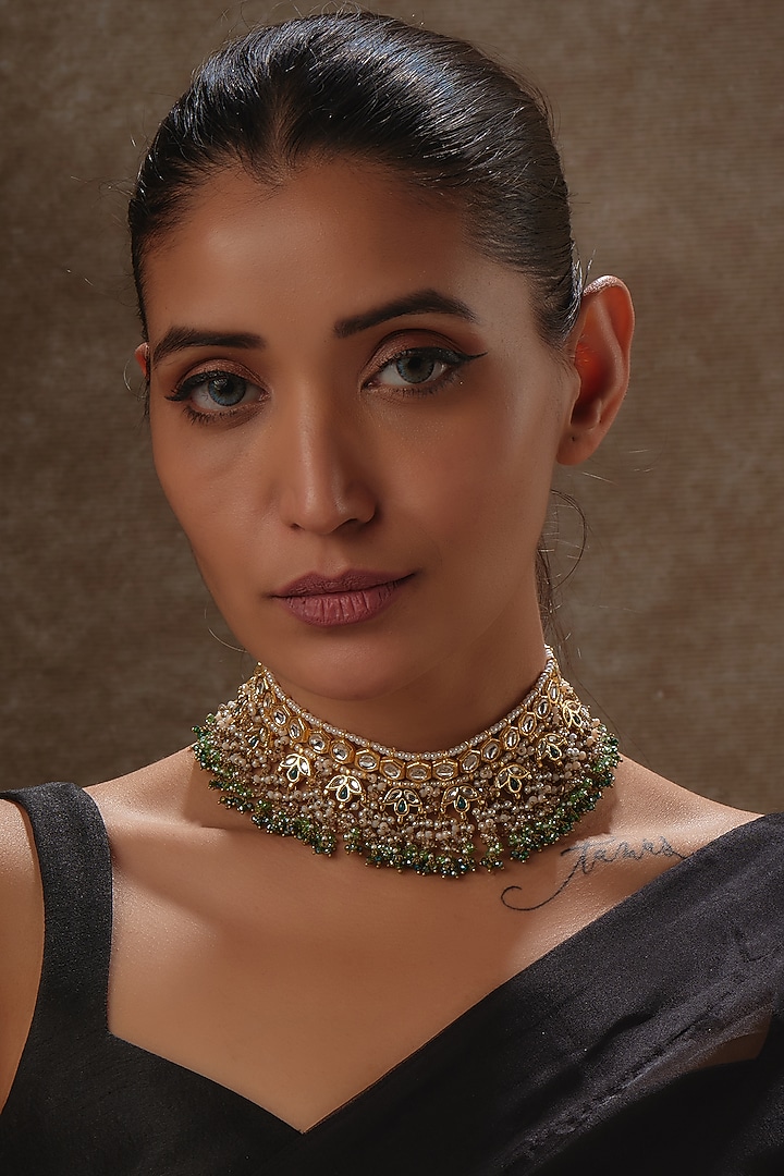 Gold Finish Emerald Synthetic Stone Meenakari Choker Necklace by Kohar By Kanika at Pernia's Pop Up Shop