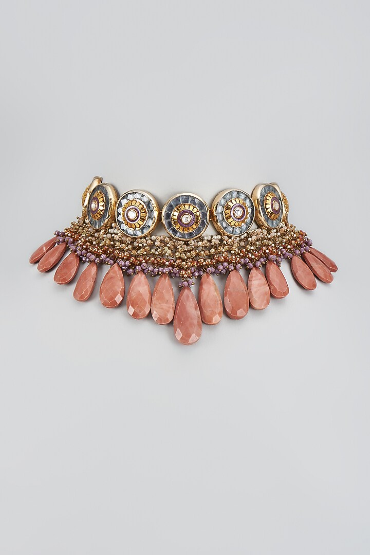 Gold Finish Natural Peach Stone Meenakari Choker Necklace by Kohar By Kanika at Pernia's Pop Up Shop