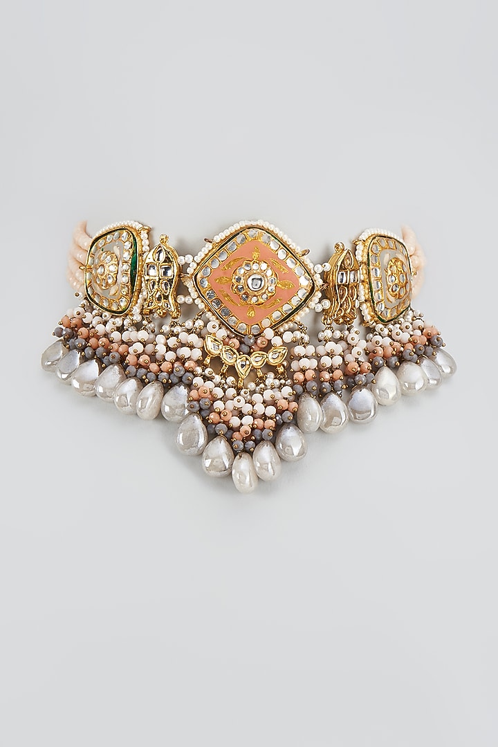 Gold Finish Natural Grey Stone Meenakari Choker Necklace by Kohar By Kanika at Pernia's Pop Up Shop
