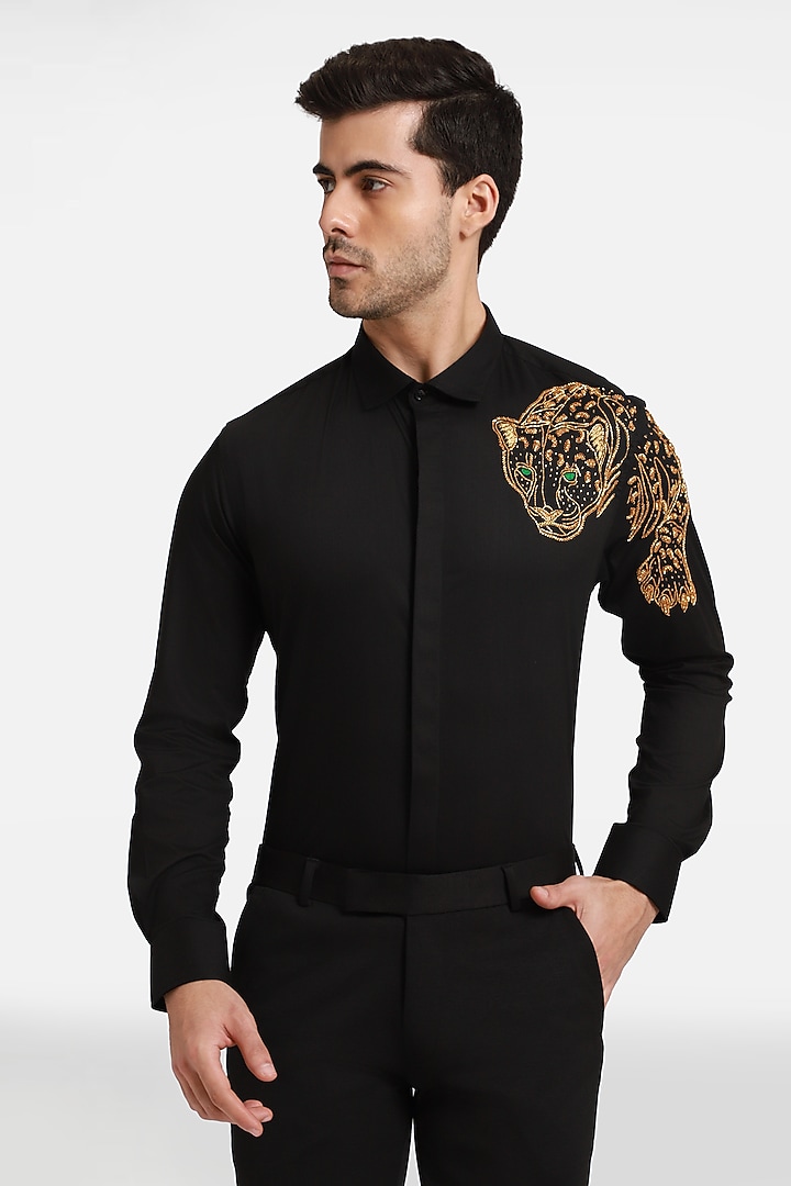 Black Cotton & Lycra Embroidered Handcrafted Party Wear Shirt by Komal Kothari at Pernia's Pop Up Shop