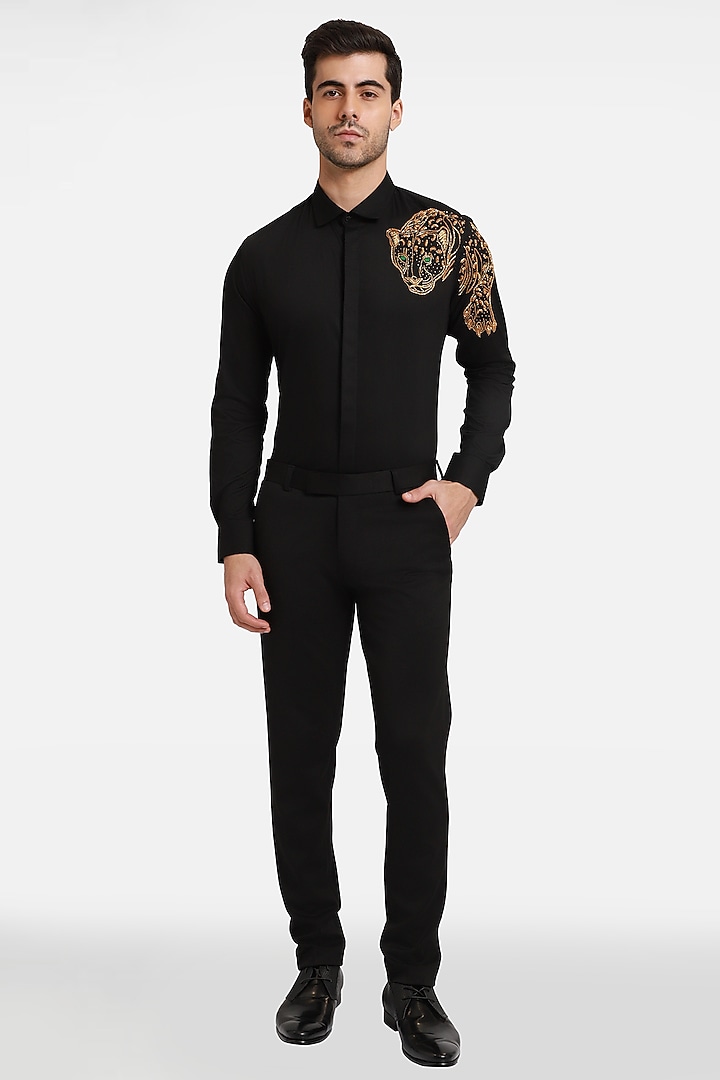 Black Cotton & Lycra Embroidered Handcrafted Party Wear Shirt by Komal Kothari at Pernia's Pop Up Shop