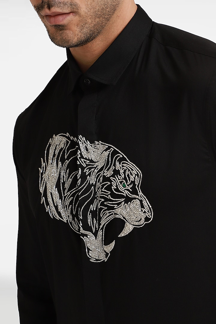 Black Cotton & Lycra Embroidered Handcrafted Party Wear Shirt by Komal Kothari at Pernia's Pop Up Shop