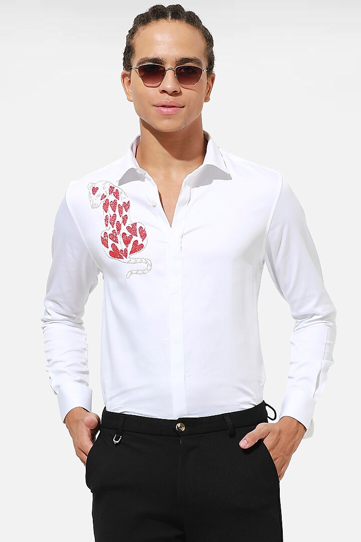 White Cotton Embellished Shirt by Komal Kothari