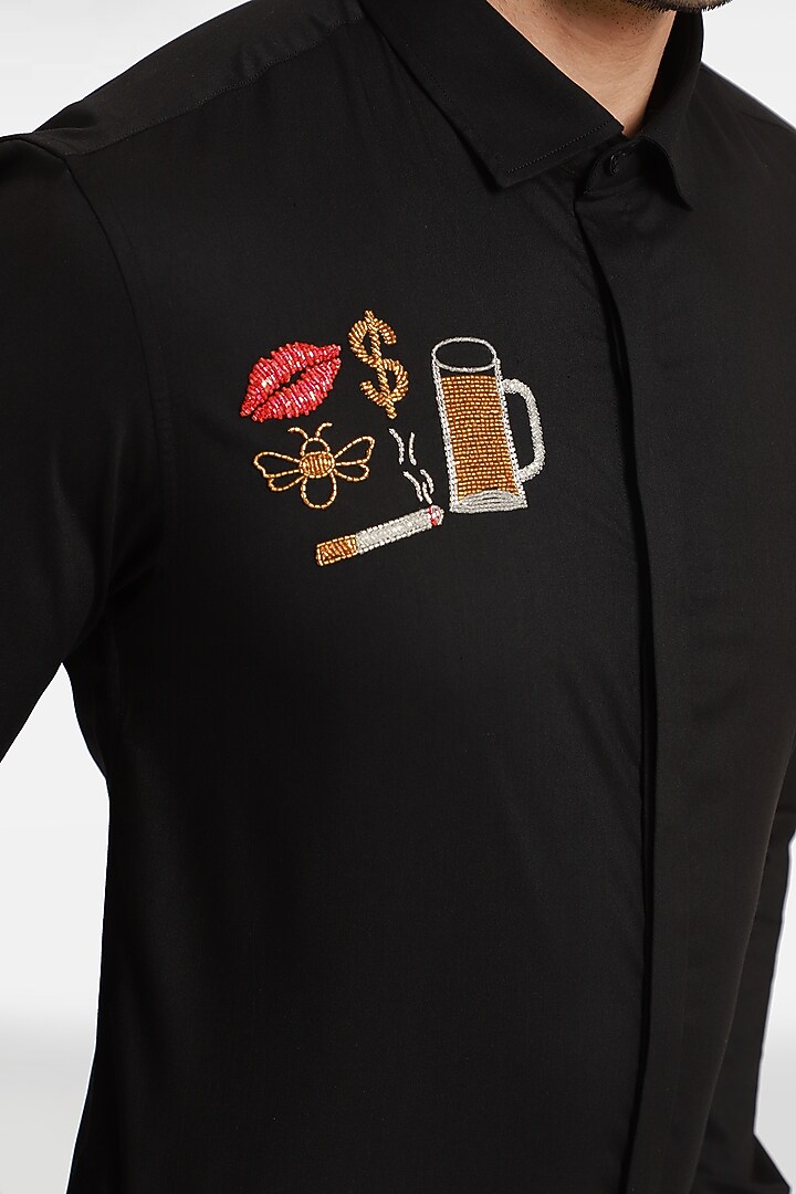 Black Cotton & Lycra Embroidered Handcrafted Party Wear Shirt by Komal Kothari at Pernia's Pop Up Shop