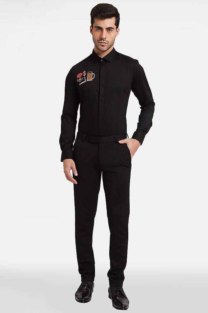 Black Cotton & Lycra Embroidered Handcrafted Party Wear Shirt by Komal Kothari at Pernia's Pop Up Shop
