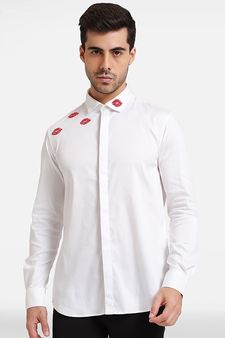 White Cotton & Lycra Embroidered Handcrafted Shirt by Komal Kothari