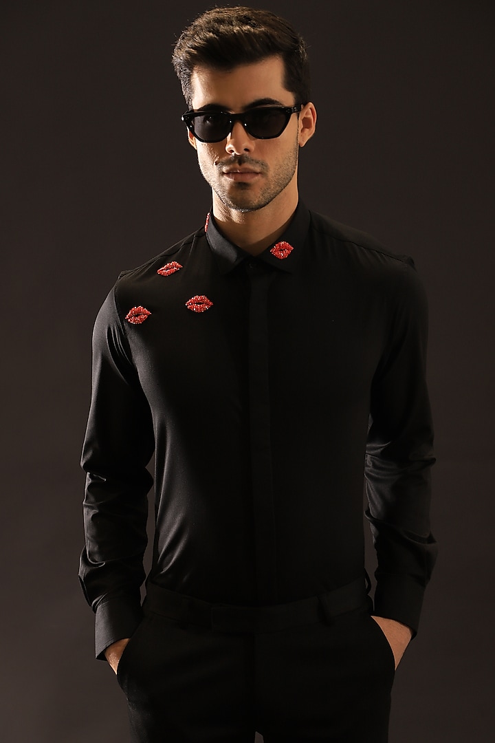 Black Cotton & Lycra Embroidered Handcrafted Shirt by Komal Kothari