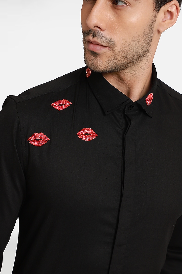Black Cotton & Lycra Embroidered Handcrafted Party Wear Shirt by Komal Kothari at Pernia's Pop Up Shop
