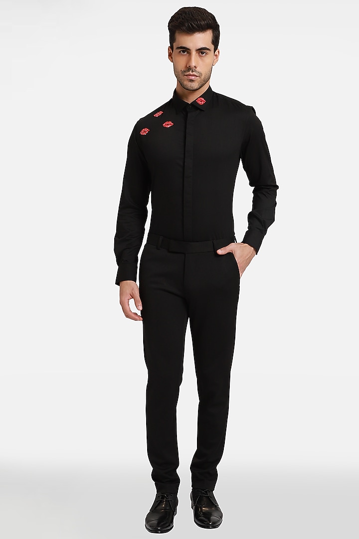 Black Cotton & Lycra Embroidered Handcrafted Party Wear Shirt by Komal Kothari at Pernia's Pop Up Shop