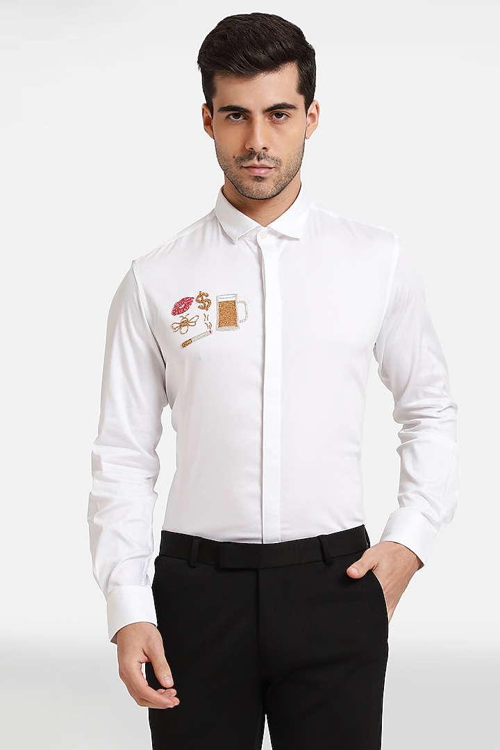 White Cotton & Lycra Embroidered Handcrafted Party Wear Shirt by Komal Kothari at Pernia's Pop Up Shop