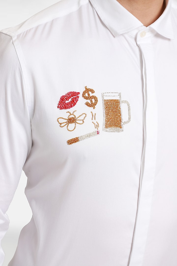 White Cotton & Lycra Embroidered Handcrafted Party Wear Shirt by Komal Kothari at Pernia's Pop Up Shop