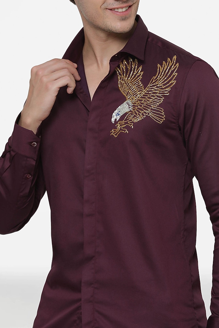 Wine Cotton Hand Embroidered Party Wear Shirt by Komal Kothari at Pernia's Pop Up Shop