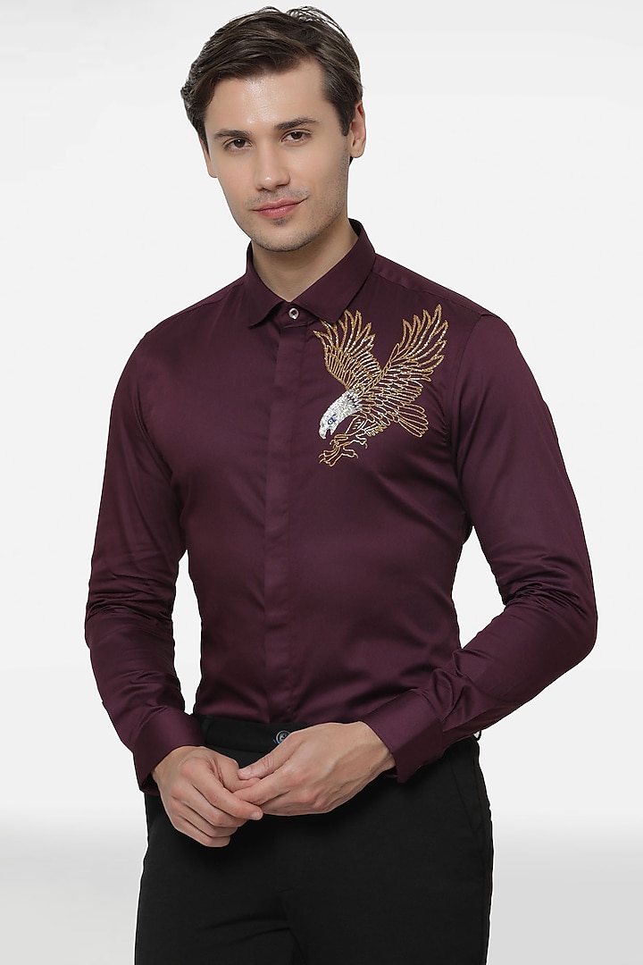 Wine Cotton Hand Embroidered Party Wear Shirt by Komal Kothari at Pernia's Pop Up Shop