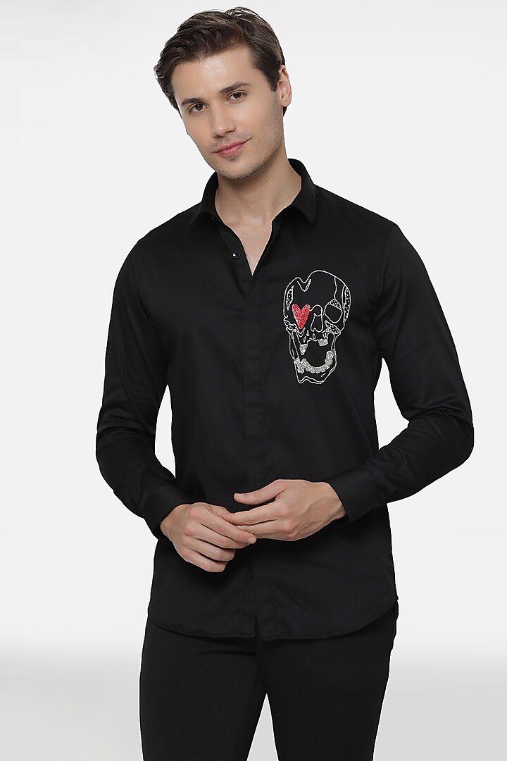 Black Cotton Hand Embellished Party Wear Shirt by Komal Kothari at Pernia's Pop Up Shop