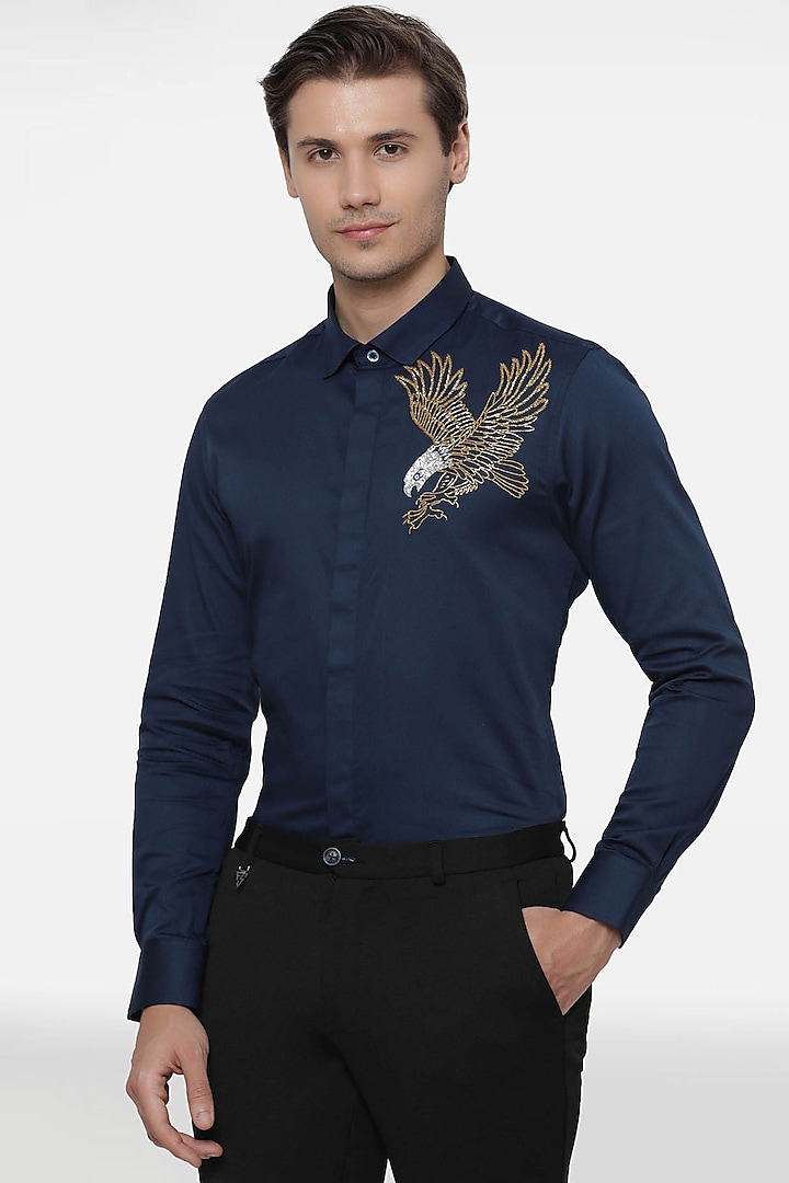 Navy Cotton Hand Embroidered Shirt by Komal Kothari