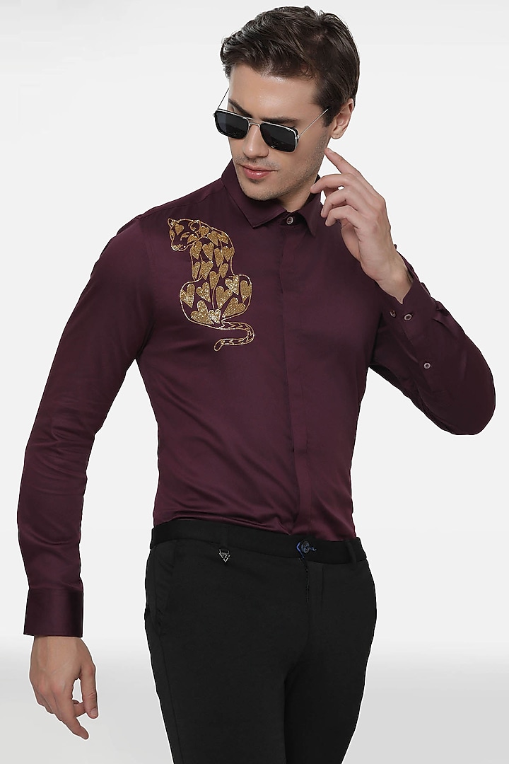 Wine Cotton Hand Embroidered Party Wear Shirt by Komal Kothari at Pernia's Pop Up Shop