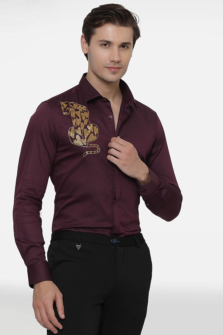 Wine Cotton Hand Embroidered Party Wear Shirt by Komal Kothari at Pernia's Pop Up Shop