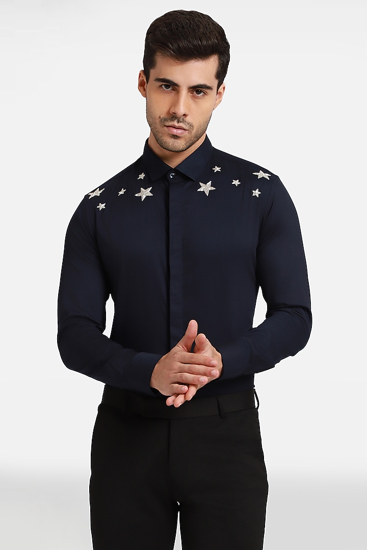 Navy Blue Cotton & Lycra Embroidered Handcrafted Shirt by Komal Kothari