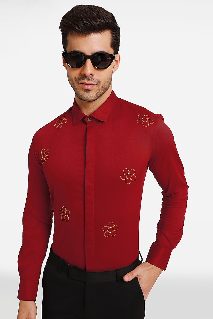 Burgundy Cotton & Lycra Embroidered Handcrafted Shirt by Komal Kothari