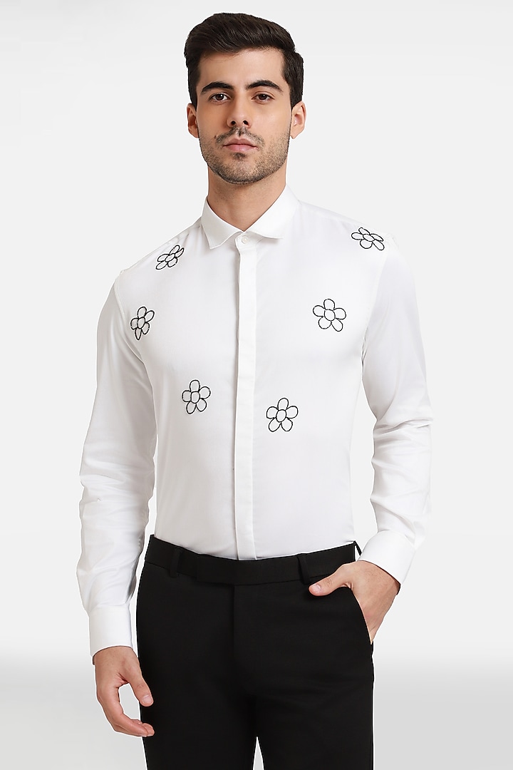 White Cotton & Lycra Embroidered Handcrafted Shirt by Komal Kothari