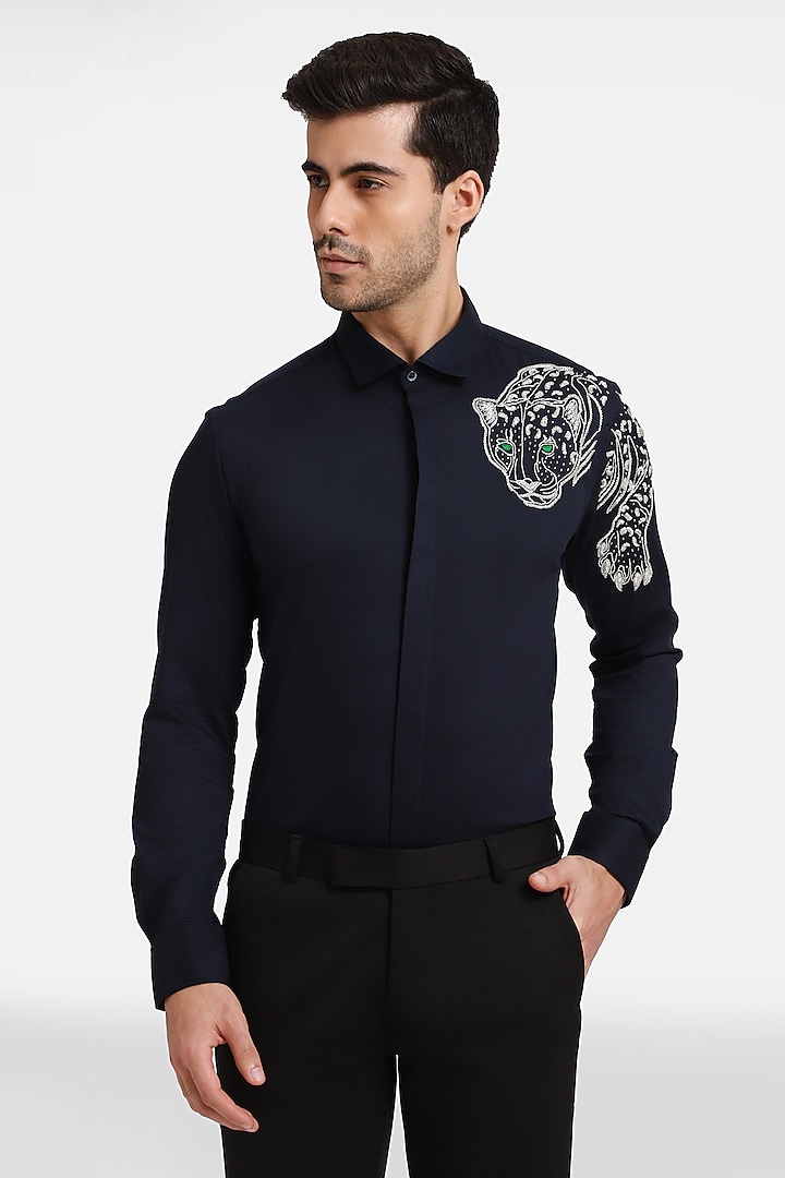 Navy Blue Cotton & Lycra Embroidered Handcrafted Shirt by Komal Kothari