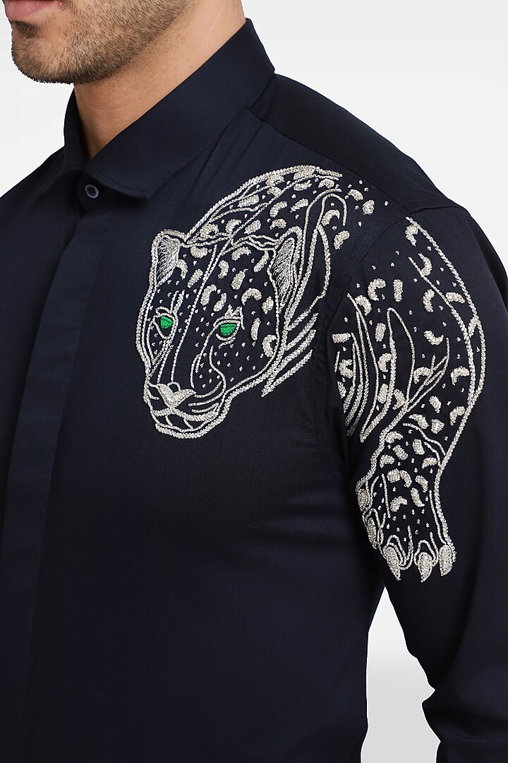 Navy Blue Cotton & Lycra Embroidered Handcrafted Party Wear Shirt by Komal Kothari at Pernia's Pop Up Shop