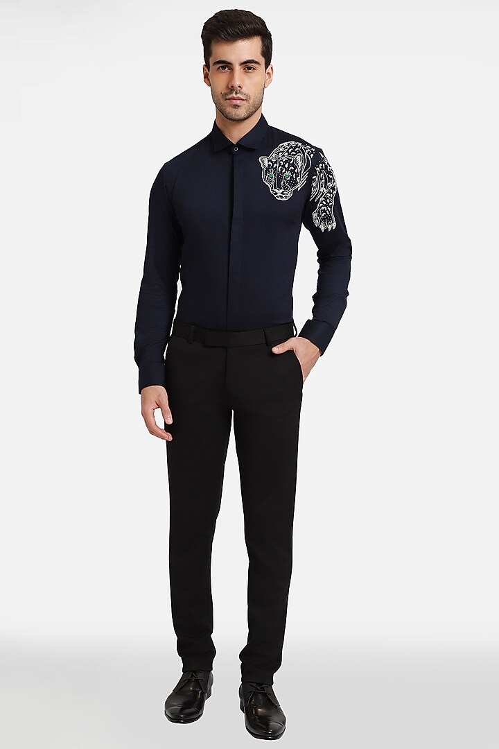 Navy Blue Cotton & Lycra Embroidered Handcrafted Party Wear Shirt by Komal Kothari at Pernia's Pop Up Shop