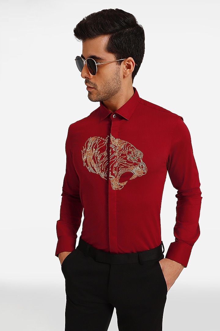 Burgundy Cotton & Lycra Embroidered Handcrafted Party Wear Shirt by Komal Kothari at Pernia's Pop Up Shop