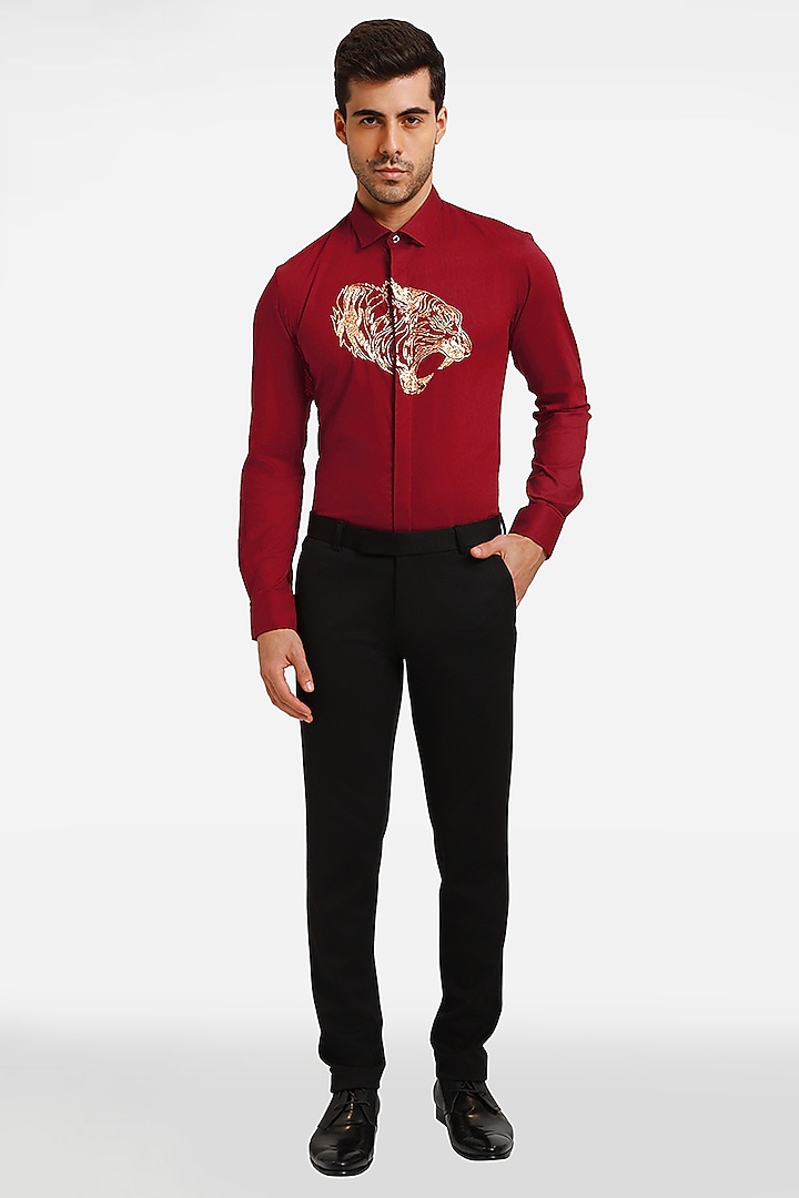 Burgundy Cotton & Lycra Embroidered Handcrafted Party Wear Shirt by Komal Kothari at Pernia's Pop Up Shop
