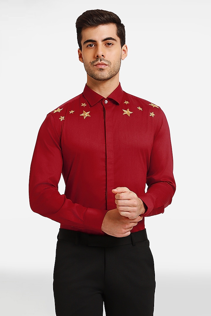 Burgundy Cotton & Lycra Embroidered Handcrafted Shirt by Komal Kothari