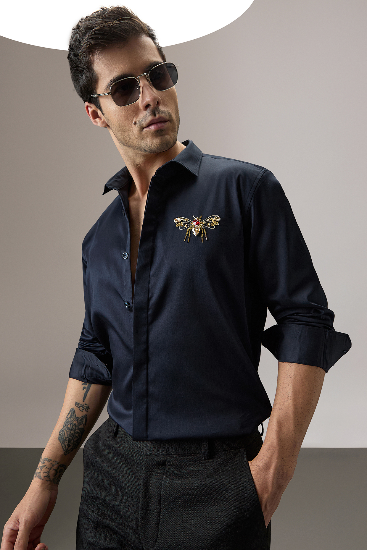 Navy Blue Cotton Hand Embroidered Shirt by Komal Kothari