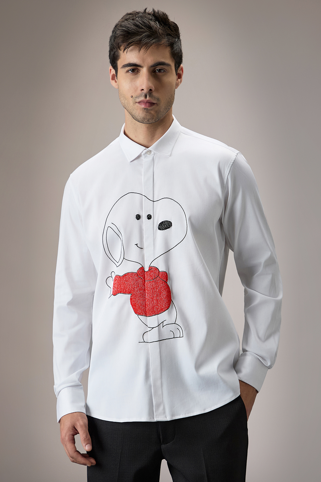 White Cotton Snoopy Hand Embroidered Shirt by Komal Kothari