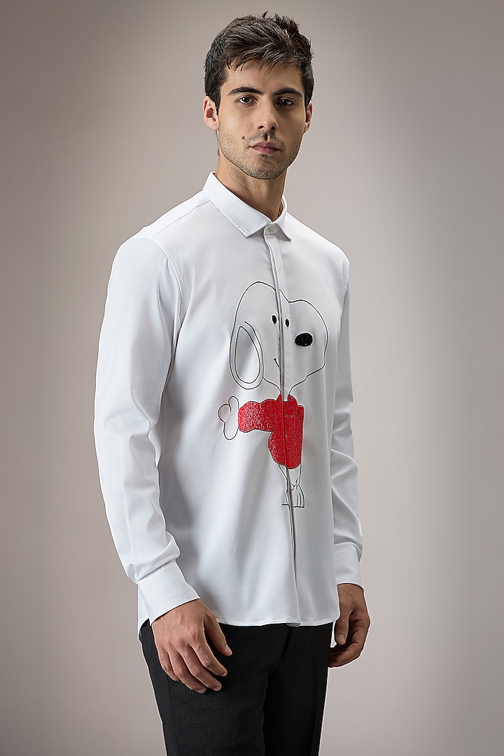 White Cotton Snoopy Hand Embroidered Party Wear Shirt by Komal Kothari at Pernia's Pop Up Shop