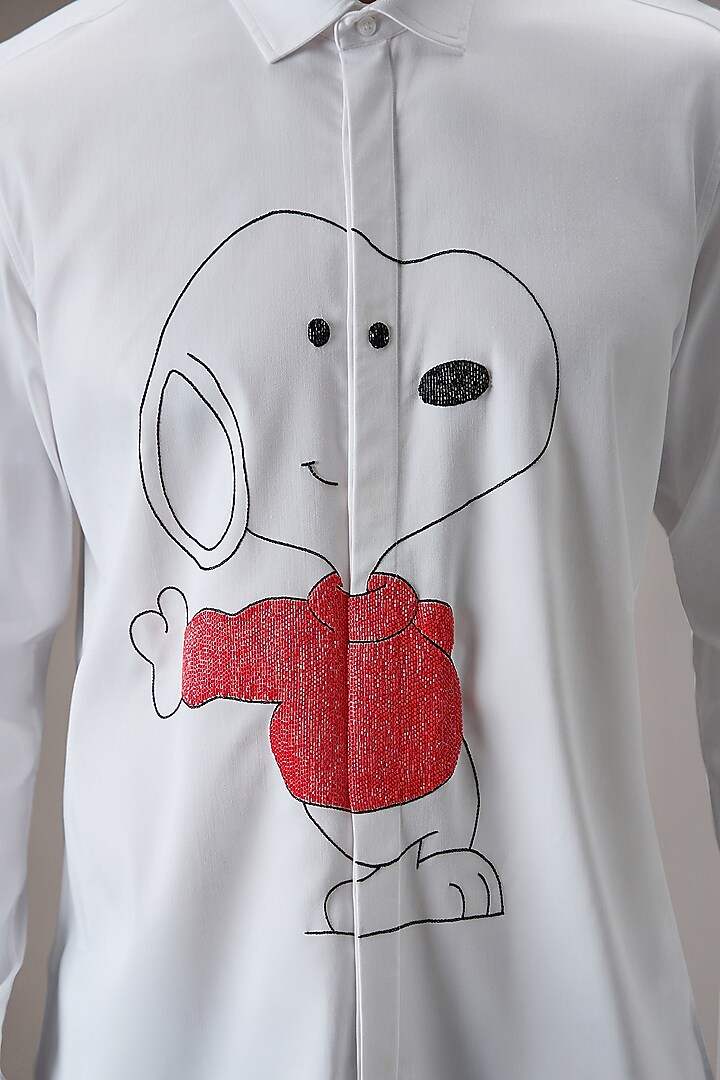 White Cotton Snoopy Hand Embroidered Party Wear Shirt by Komal Kothari at Pernia's Pop Up Shop