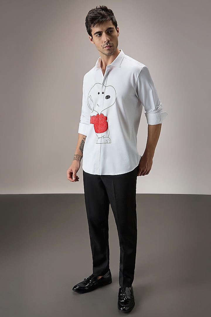 White Cotton Snoopy Hand Embroidered Party Wear Shirt by Komal Kothari at Pernia's Pop Up Shop