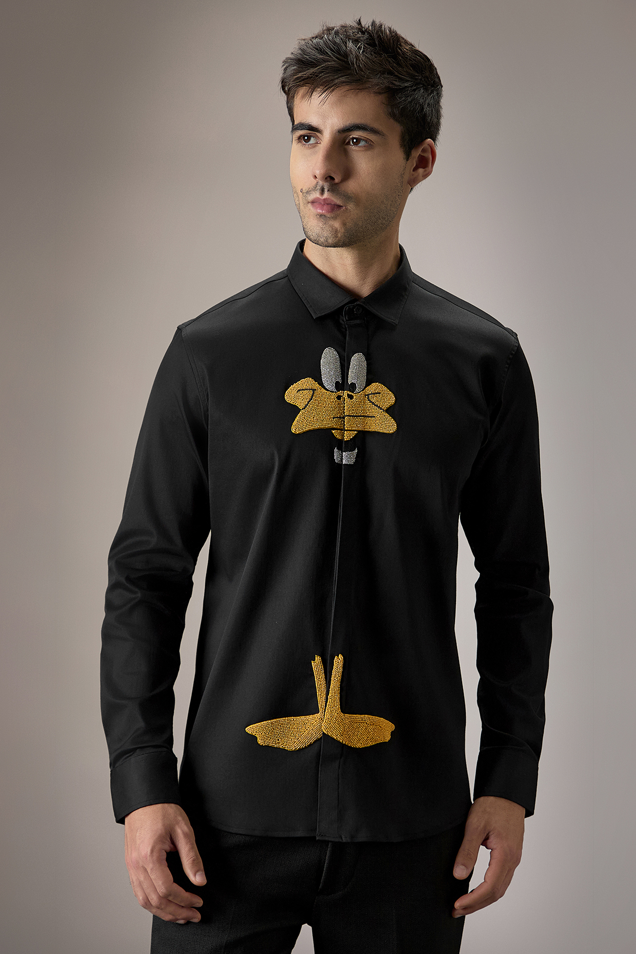 Black Cotton Duck Hand Embroidered Shirt by Komal Kothari