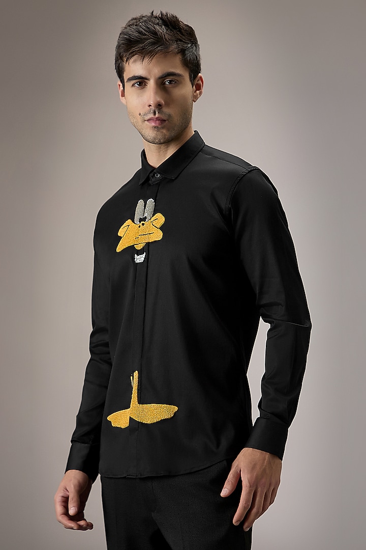 Black Cotton Duck Hand Embroidered Party Wear Shirt by Komal Kothari at Pernia's Pop Up Shop